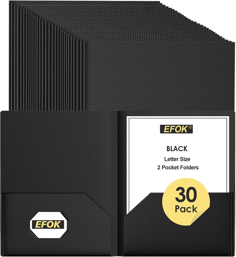 EFOK 30 Pack Heavy Duty Black Plastic Folders with 2 Pockets Bulk, Textured Light Luxury File Folders with Business Card Slot, Letter Size Filing Supplies for Back to School & Office Organization - Image 1
